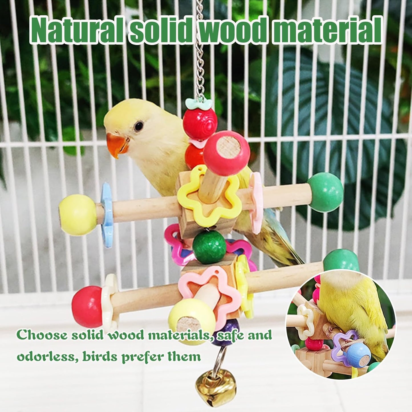 Bird Spinner Toys for Parrots with Bells,Natural Wood Parakeet Toys for Cage,Bird Cage Accessories Chewing Hanging for Small and Medium Birds,Cockatiel,Conure,Lovebird,Budgie,Quaker（2pcs）