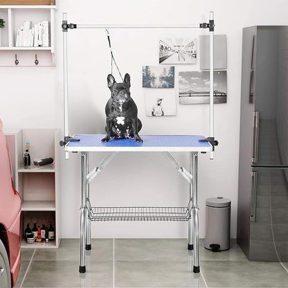 36" Dog Grooming Table Foldable Pet Grooming Tables with Adjustable Arm Noose Storage Mesh Tray Maximum Capacity Up to 330lbs Blue