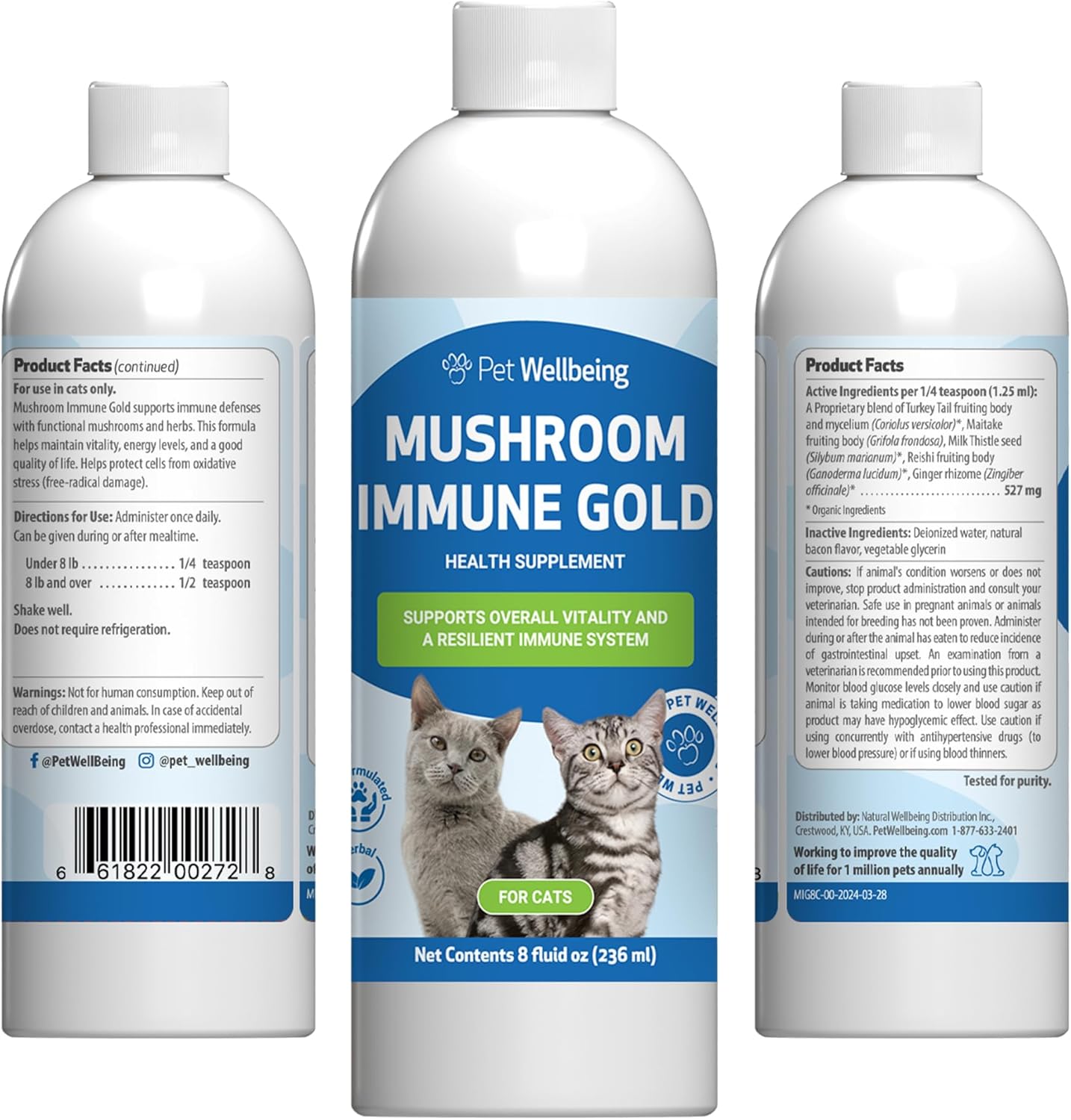 Pet Wellbeing Mushroom Immune Gold for Cats - Vet-Formulated - Immune Support with Reishi, Maitake, Turkey Tail, and Milk Thistle - Complementary Functional Mushroom Supplement 8 oz (237 ml)