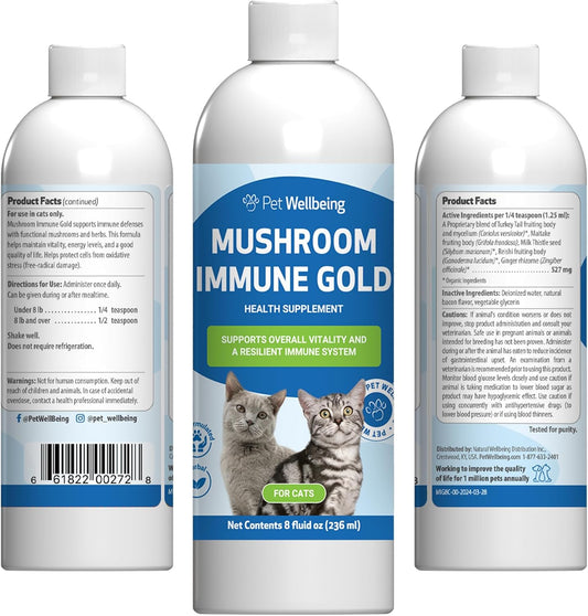 Pet Wellbeing Mushroom Immune Gold for Cats - Vet-Formulated - Immune Support with Reishi, Maitake, Turkey Tail, and Milk Thistle - Complementary Functional Mushroom Supplement 8 oz (237 ml)