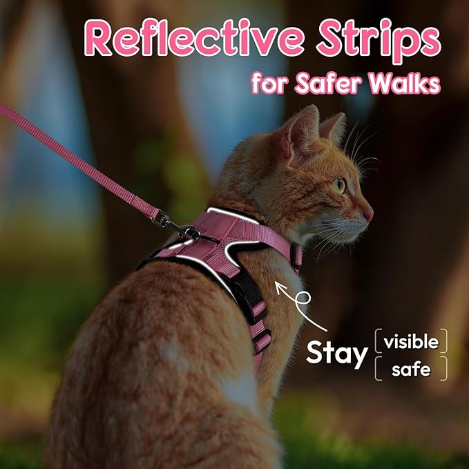 Dooradar Cat Harness and Leash Set, Escape Proof Safe Adjustable Kitten Vest Harnesses for Walking, Easy Control Soft Breathable Mesh Jacket with Reflective Strips for Cats, Pink, M
