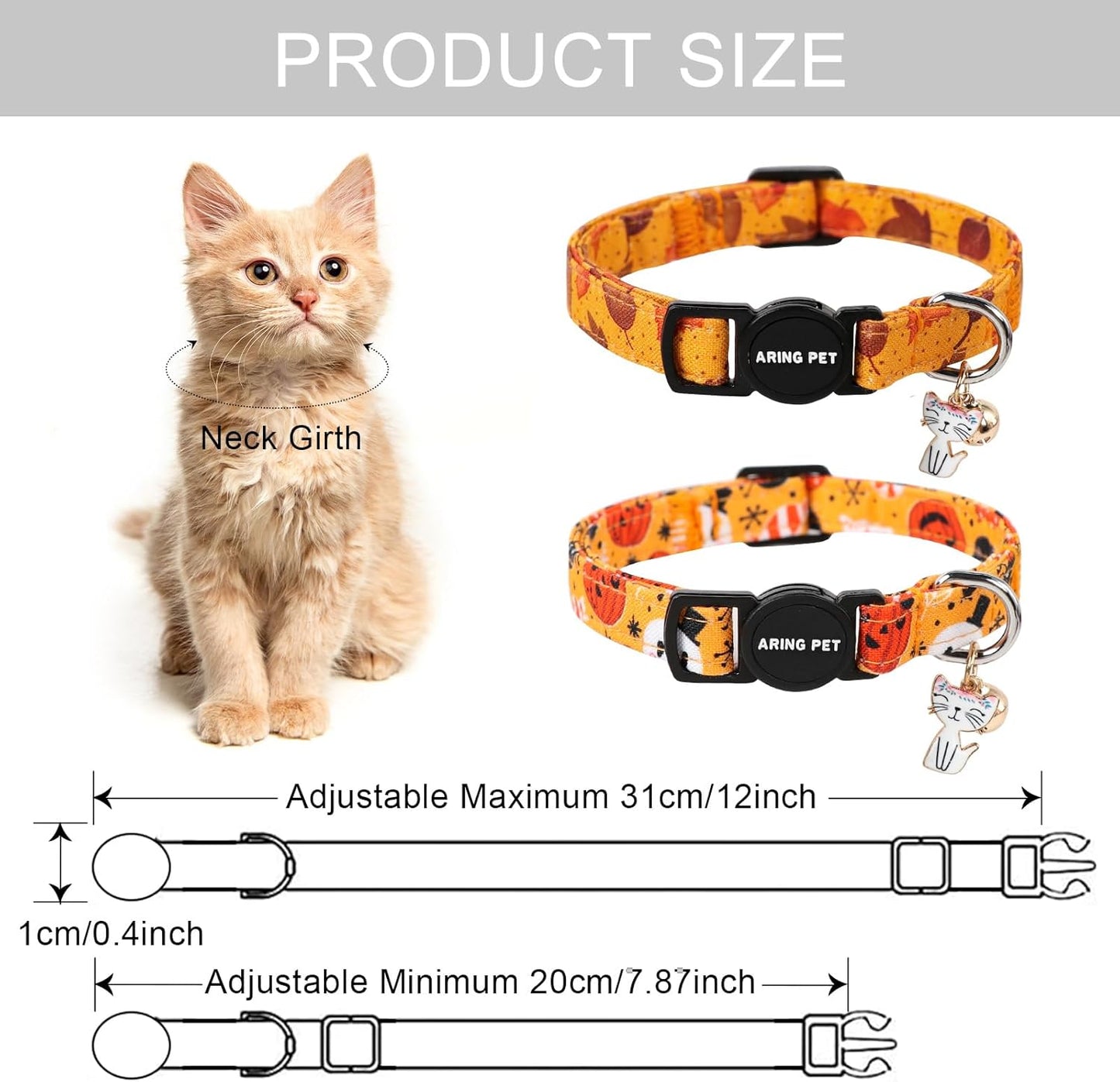 ARING PET 2 Pack Fall Cat Collars-Cute Breakaway Cat Collar with Bell & Pendant, Adjustable Fall&Halloween Kitten Collars with Safety Buckle for Girl and Boy Cats