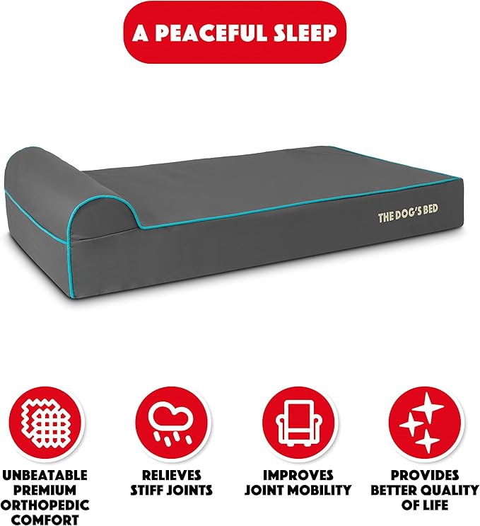 The Dog’s Bed Orthopedic Headrest Dog Bed XL Grey/Blue, Memory Foam, Pain Relief for Arthritis, Hip & Elbow Dysplasia, Post Surgery, Lameness, Waterproof Washable Cover