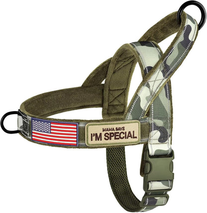 Forestpaw No Pull Dog Harness with Large Handle,Slip on Reflective Vest with Quick Release Buckle,Comfortable Flannel Lining for Medium Large Dogs Walking Training (Includes 3 Patches),Green Camo L