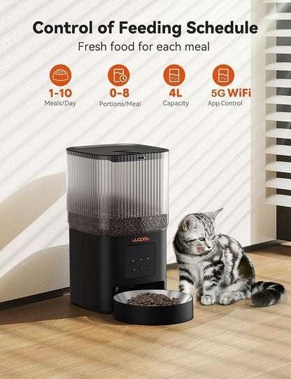 WOPET Automatic Cat Feeder, 5G WiFi Automatic Dog Feeder with APP Control for Remote Feeding, Cat Food Dispenser with Low Food Sensor and Voice Recorder,Up to 10 Meals Per Day for Cats and Dogs