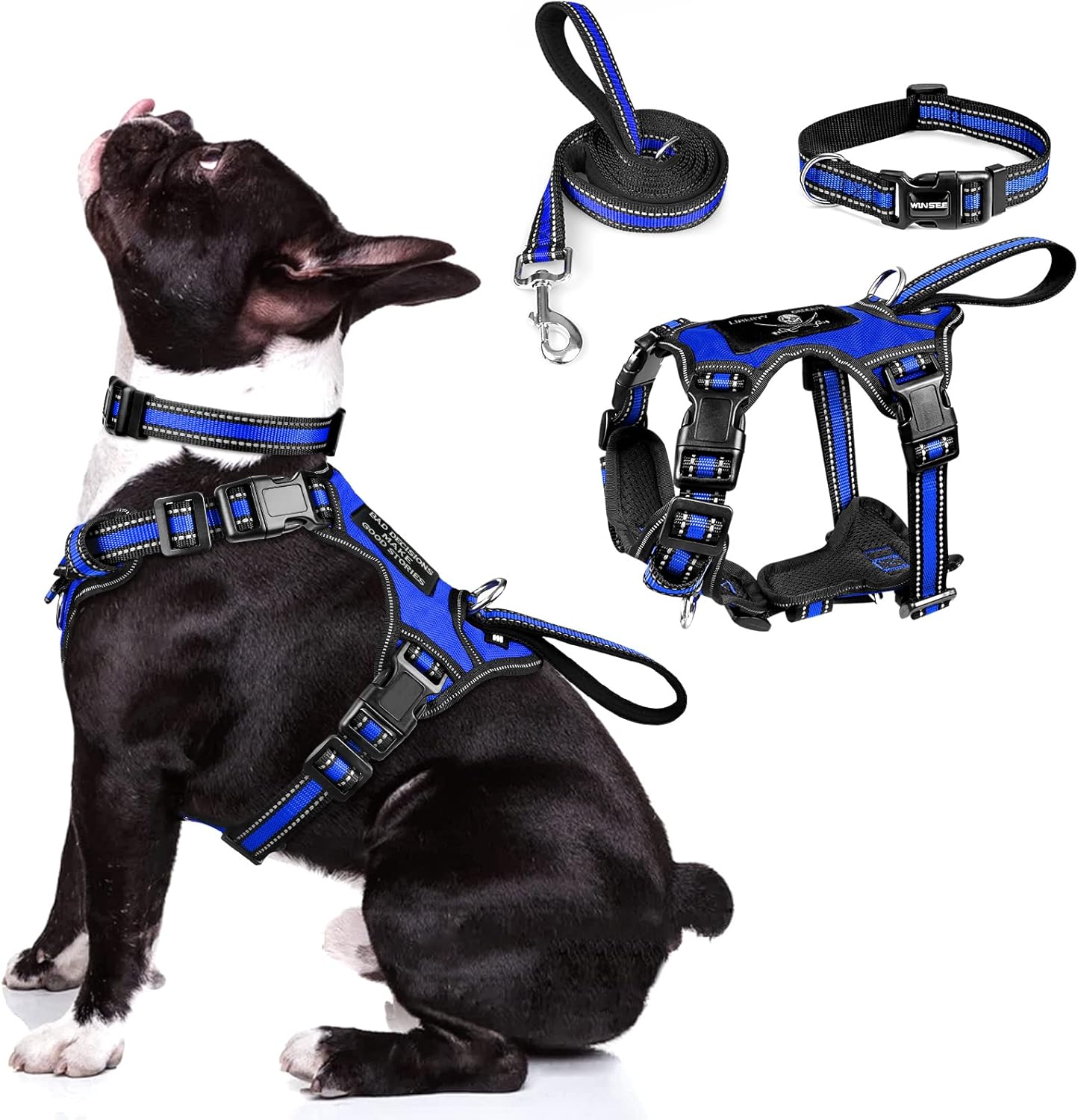 WINSEE Pet Harness Collar and Leash Set, All-in-one Reflective Dog Harness No Pull with Adjustable Buckles for Puppies, Small, Medium, Large, and Extra-Large Dogs (Medium, Dark Blue)