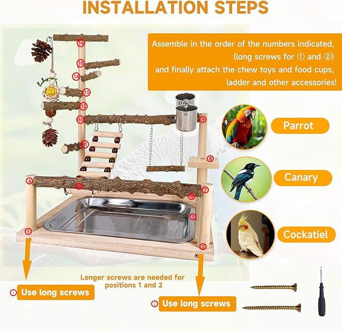 Bird Playground Natural Parrot Toys Perch Stand Cockatiel Swing with Chew Toys Parrot Platform with Feeder Cups Parakeet Playground Bird Cage Play Stand for Conure Parakeet Cockatiel