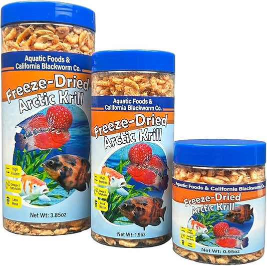 Aquatic Foods Inc. Arctic Krill, Freeze Dried Krill, High in Natural Color Enhancing for Large Cichlids, Tropical Fish, Koi, Turtles, 12-Type Pellet Mix & 4-Type Wafer Mix Included 3.85oz Canister