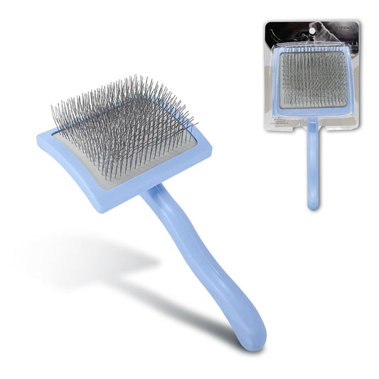 Pet Slicker Brush for Long & Short Hair - Detangling Tool for Dogs & Cats - 135° Angled Stainless Steel Pins, Curved Handle - Gentle Grooming for Small/Medium/Large Breeds (Blue)