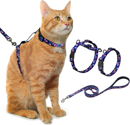 Hikiko Cat Harness and Leash Set Escape Proof Adjustable Walking Travel Cute Kitten Harness for Small Medium Large Cats (Navy Blue Floral, S)