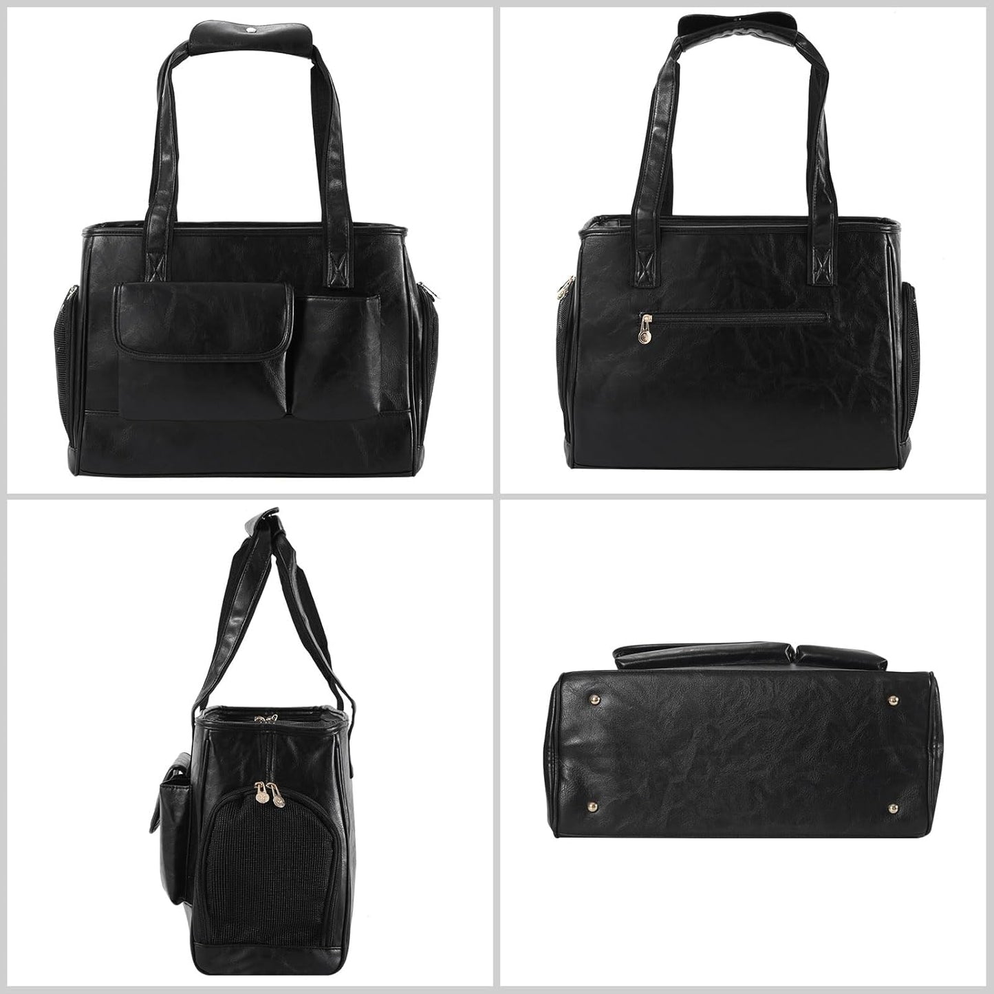 Dog Carrier Purse, Fashion Leather Pet Carrier Bag, Airline Approved Soft Sided Cat Travel Tote Bag with Pockets Black