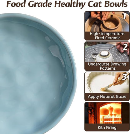 Non-Slip Cat Food Bowl,Healthy Ceramic Cats Bowls with Silicone Bottom, Anti-Whisker Fatigue Cat Dishes Set, Shallow & Wide Kitten Plates for Food and Water, 4 Pack
