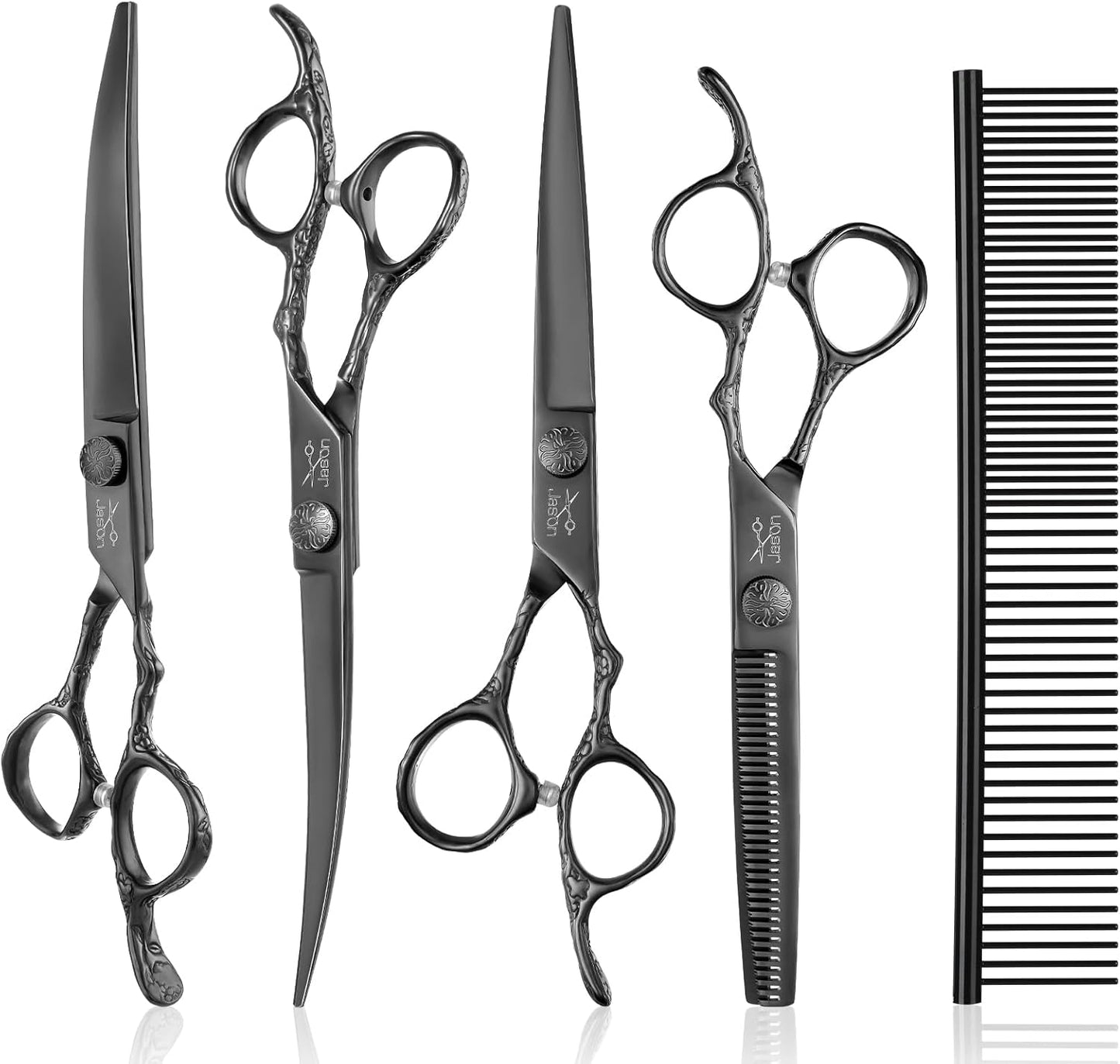 JASON Professional Dog Grooming Scissors Set - 6 in 1 Dog Shears Kit with 6.5" Thinning, 7" Straight, 7" Up-Curved, 7" Down-Curved Shears and Comb for Cat and Pet, Adjustable Screw (Black)