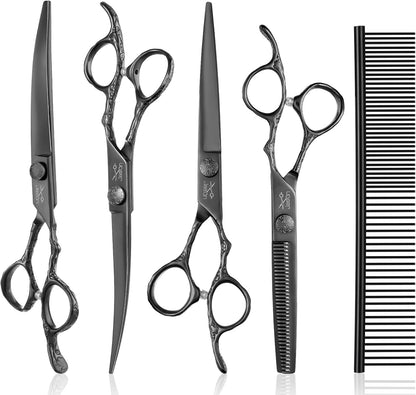 JASON Professional Dog Grooming Scissors Set - 6 in 1 Dog Shears Kit with 6.5" Thinning, 7" Straight, 7" Up-Curved, 7" Down-Curved Shears and Comb for Cat and Pet, Adjustable Screw (Black)