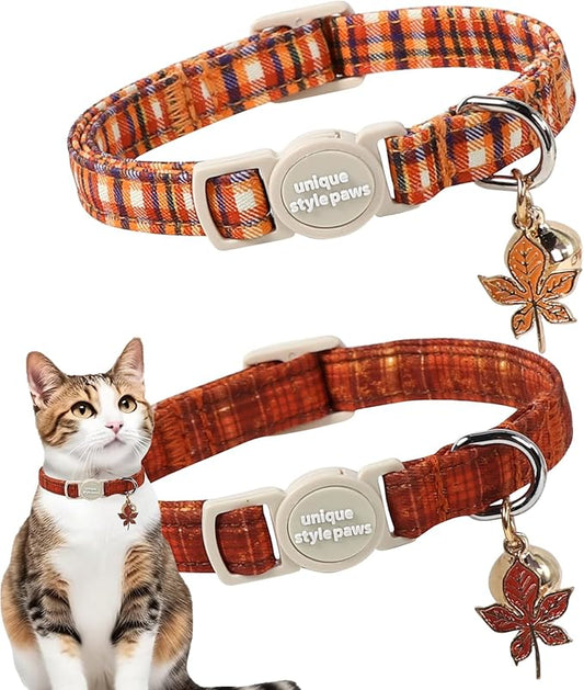 Unique style paws 2 Pack Autumn Halloween Kitten Collar Breakaway with Bell&Pendant, Adjustable Safety Coloeful Orange Brown Grid Cat Cotton Collar for Girl Boy Cat and Small Pet