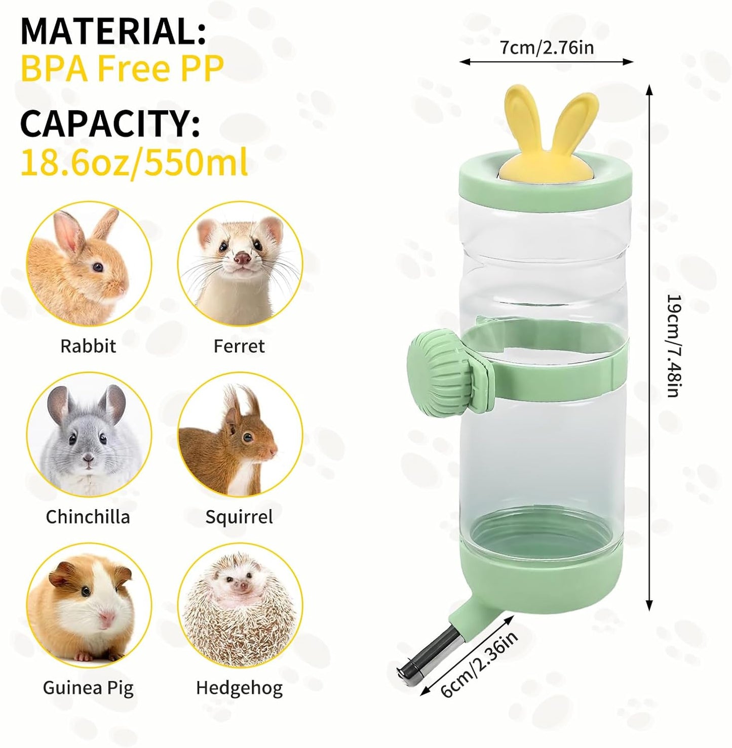 Hamster Water Dispenser,Small Animal Water Bottle Automatic Bottle Dispenser Large Capacity for Rabbits, Guinea Pigs, Hamsters, Ferrets, Chinchillas, Hedgehogs & Rodents (Yellow, 550ML/18.6OZ)