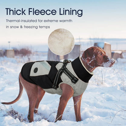 IECOii Dog Coat with Harness Built in - Black, Large - Waterproof Winter Coat, Fleece Lined Snow Jacket for Dogs