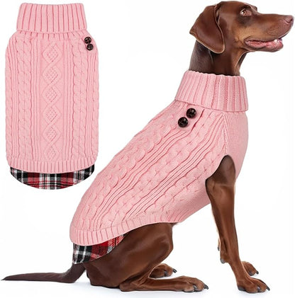 KYEESE Dog Sweater Stretchy Knitwear Pet Coat for Fall Winter Cold Weather Soft Pullover Dog Sweaters for Medium Dogs Girl Warm Turtleneck Medium Dogs Sweater with Gingham Patchwork