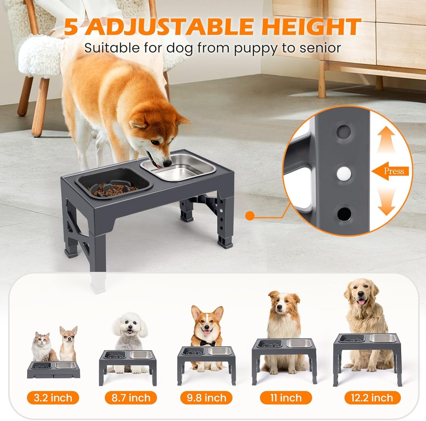 Heeyoo Elevated Dog Bowls, 5 Adjustable Heights Raised Pet Bowls, Adjusts to Height 3.2" to 12.2" for Small Medium Large Dogs