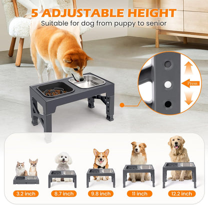 Heeyoo Elevated Dog Bowls, 5 Adjustable Heights Raised Pet Bowls, Adjusts to Height 3.2" to 12.2" for Small Medium Large Dogs