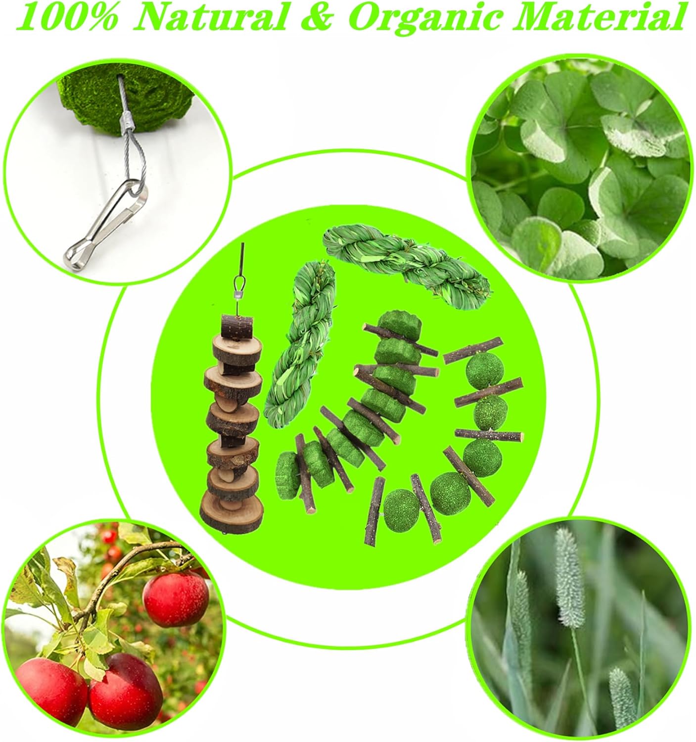 5pcs Rabbit Toys,Bunny Chew Treat for Teeth Grinding,Hanging Timothy Hay Ball +Apple Stick Wood +Alfalfa Grass Cake Food Snack for Cage Guinea Pig Chinchilla Hamster Squirrel Gerbil Rat Parrot