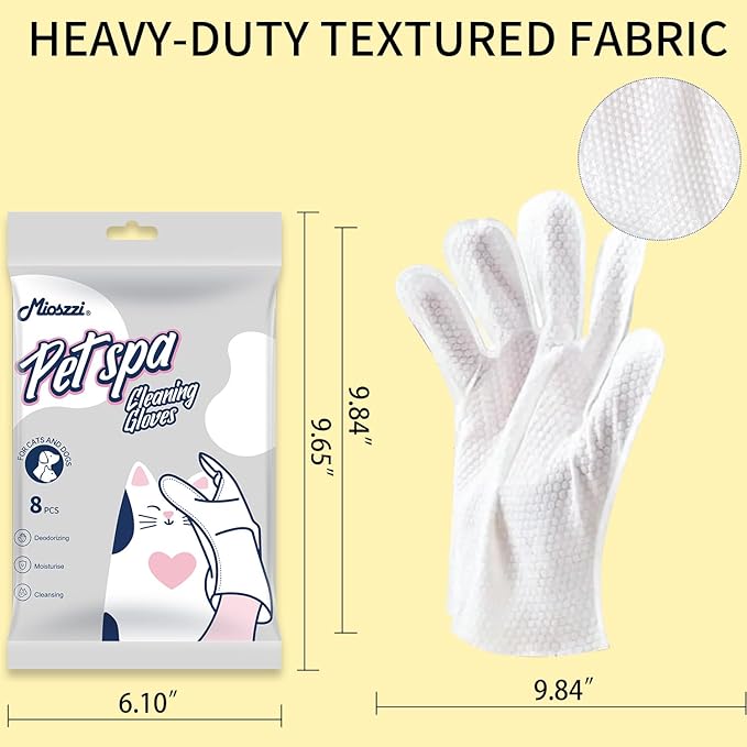 MIOSSZI Pet Gloves Wipes for Dogs & Cats Wipes Cleaning Deodorizing Hypoallergenic No-Rinse Pet Grooming Wipes Unscented Extra Thick Bathing Wipes for Pet Dry Cleaning Daily Care and Travel 8 pcs