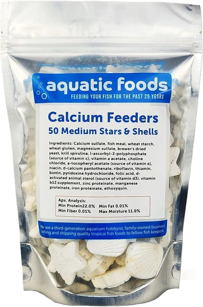 Aquatic Foods Inc. Medium Size Calcium Feeder Stars & Shells for Shrimp, Snails, Crabs, Crayfish, Hermit Crabs and All Tropical Fish…50 Count Bag