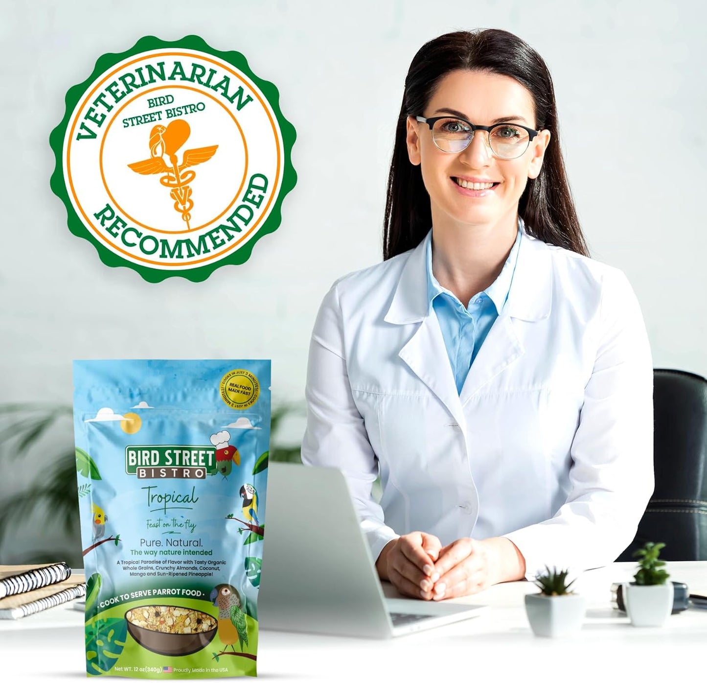 Bird Street Bistro Parrot Food for Parakeets & Cockatiels - Tropical - 18 oz - Cooks in 3-15 min, Natural & Organic Grains, Fruits & Vegetables - USA Made