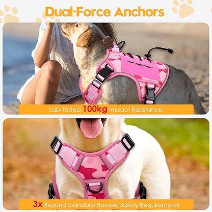 Heavy-Duty Tactical Dog Harness for Large Dogs, No Pull Adjustable Reflective Pet Vest with Molle System, K9 Military-Grade Control for Service Training, Outdoor & 10+ Breeds, Pink Camo, X-Large