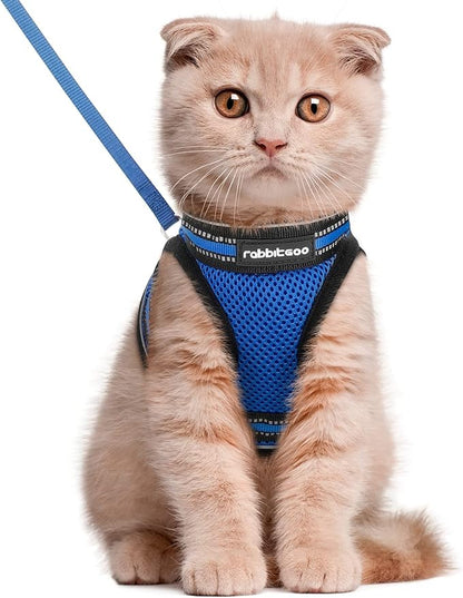 rabbitgoo Cat Harness and Leash Set for Walking Escape Proof, Adjustable Soft Kittens Vest with Reflective Strip for Cats, Comfortable Outdoor Vest,Blue,L