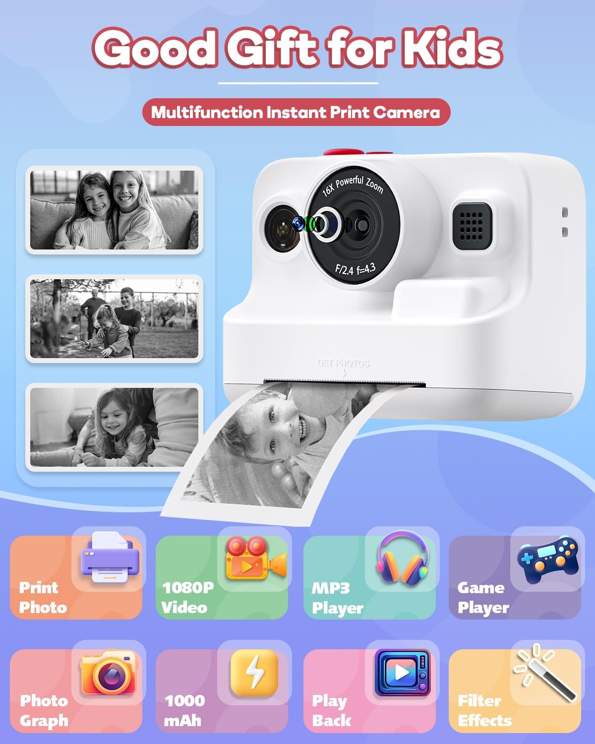 Instant Print Camera for Kids,2.4 Inch Screen Kids Instant Cameras, Christmas Birthday Gifts for Girls Age 3-12, Portable Toddler Toy for 3 4 5 6 7 8 9 10 Year Old Girls Boys White