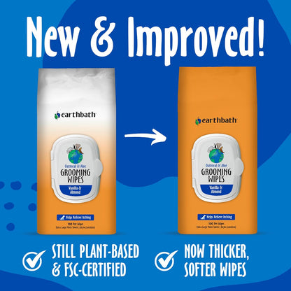 earthbath, Oatmeal & Aloe Grooming Wipes - Dog Wipes for Paws and Butt, Pet Wipes for Dogs & Cats, Helps Relieve Itchy & Dry Skin, Made in USA, Cruelty-Free - Vanilla & Almond 100 Count (2 Pack)