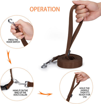 Strong Durable Nylon Dog Training Leash, 1 Inch Wide Traction Rope, 6 ft 10ft 15ft Long, for Small and Medium Dog (Brown, 10 Feet)