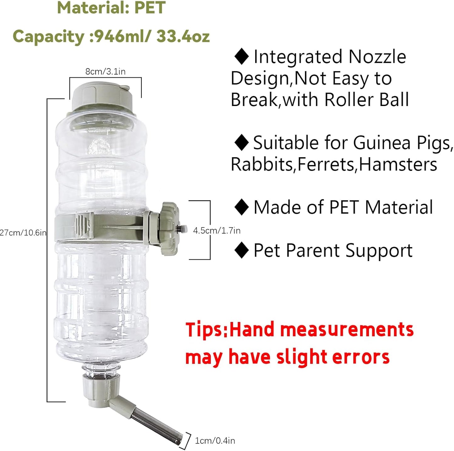 33oz Rabbit No Drip Water Bottle,Bunny Hanging Leakproof Water Dispenser,Guinea Pig Automatic Feeder,Ferret Cages Crate Accessories for Bunny Chinchilla Hedgehog Squirrels (Green)