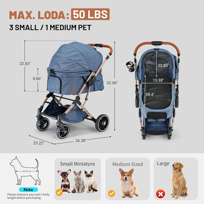 EchoSmile Small Medium Dogs Stroller 4-Wheel Pet Strollers for Medium Dogs Up to 50lbs, One Click Folding Large Cat Stroller, Reversible Handle, Shock Absorbing Wheels, Removable Washable Pad, Blue