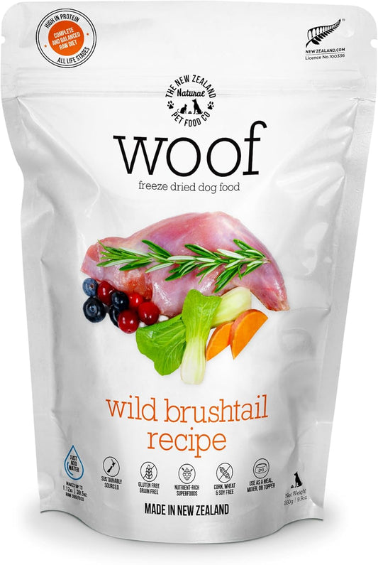 The New Zealand Natural Pet Food Co Woof Wild Brushtail Freeze Dried Raw Dog Food, Mixer, or Topper, or Treat - High Protein, Natural, Limited Ingredient Recipe - 9.9 oz