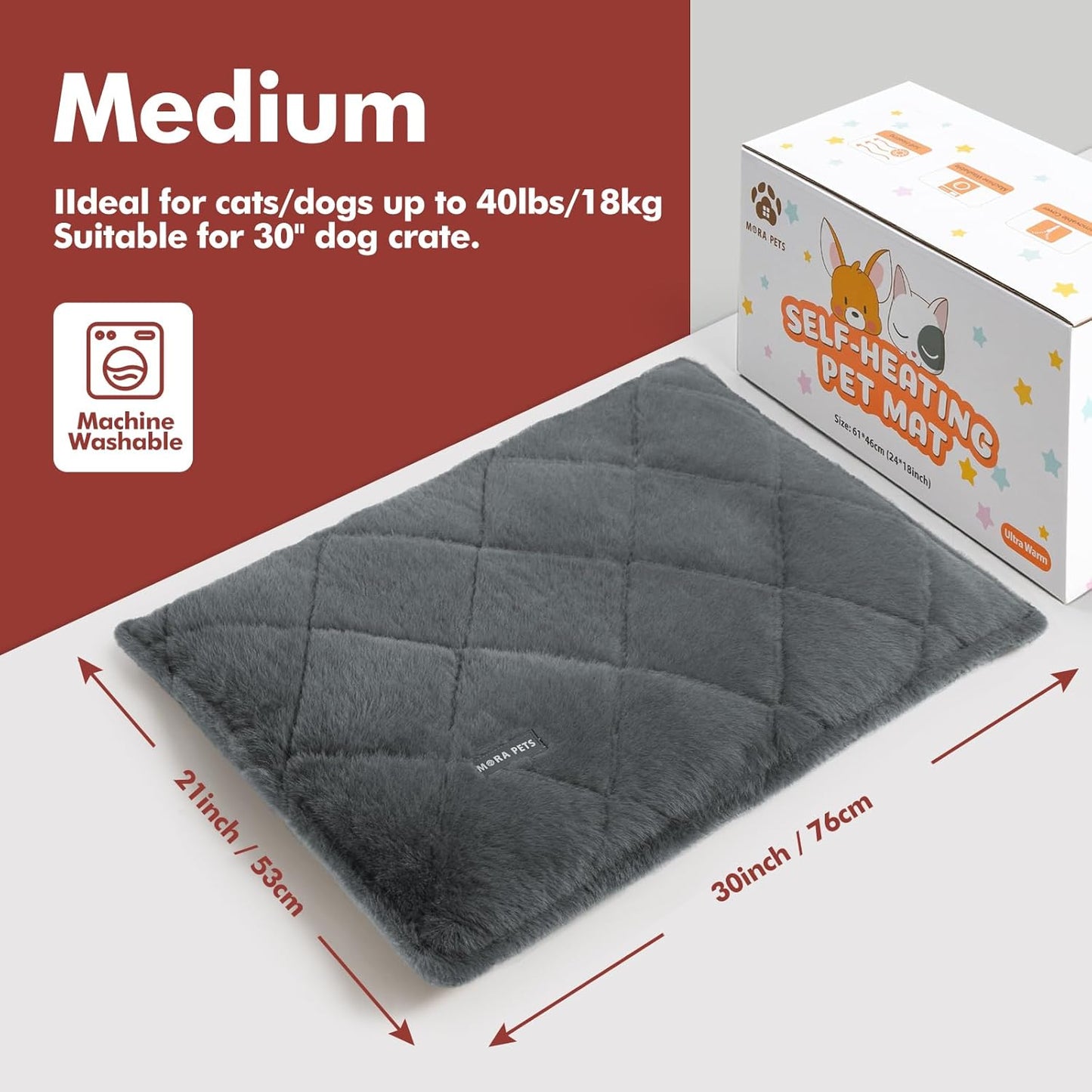 Mora Pets Self Heating Cat Bed Self Warming Cat Bed Thick Thermal Pet Bed Mat 30 x 21 Inches Removable Washable Cover for Outdoor Indoor Cats and Dogs Fur Grey Medium