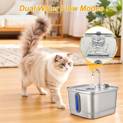 Stainless Steel Cat Water Fountain, 101oz/3L Automatic Pet Water Fountain, Dog Water Fountain with Replacement Filters for Cats, Small Dogs (2 Filters and 2 Sponges)