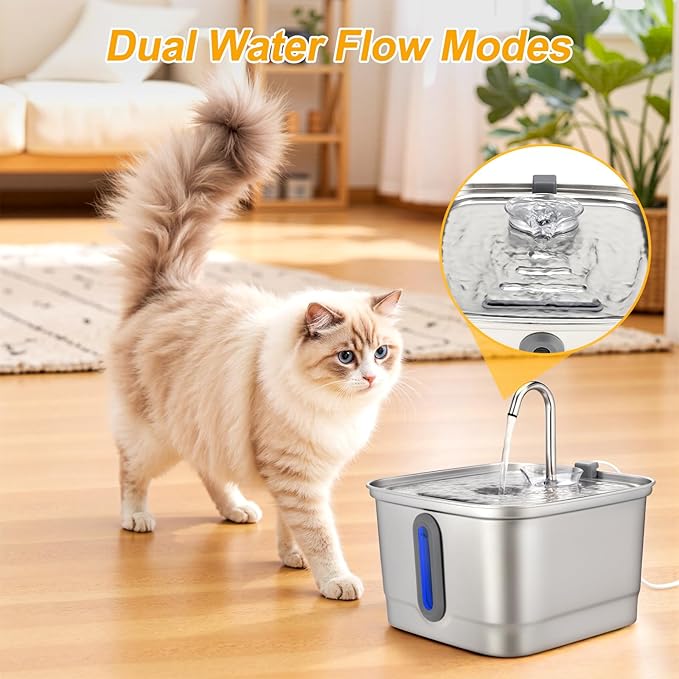 Stainless Steel Cat Water Fountain, 101oz/3L Automatic Pet Water Fountain, Dog Water Fountain with Replacement Filters for Cats, Small Dogs (8 Filters and 8 Sponges)