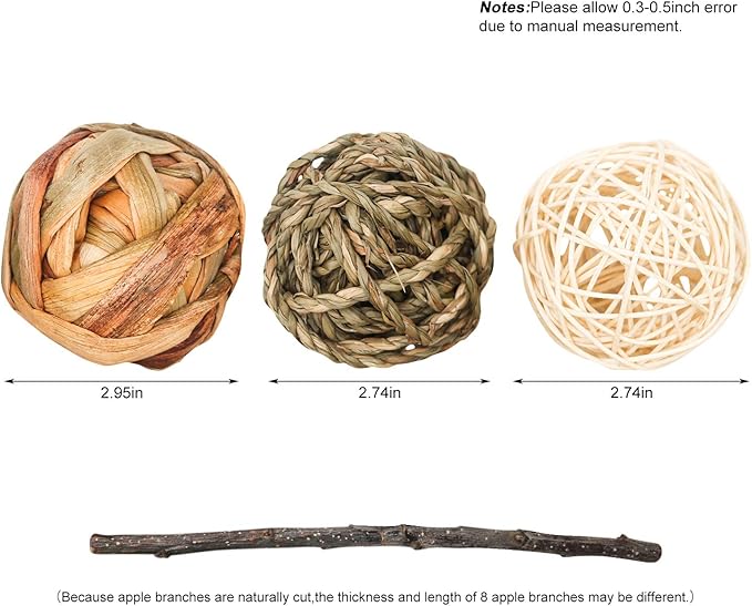 9 Pcs Small Animals Play Balls Rolling Activity Chew Toys Gnawing Treats for Rabbits Guinea Pigs Chinchilla Bunny Natural Balls, Pet Cage Entertainment Accessories (9 Pcs)