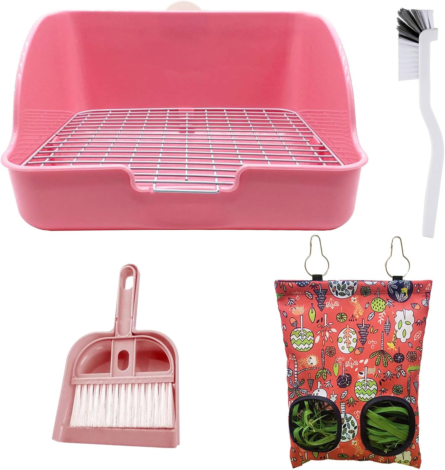Rabbit Litter Box with Hay Bag, 4-in-1 Rabbit Potty Toilet Feeding Cleaning Set for Dwarf Bunny Guinea Pig Chinchilla (Pink)