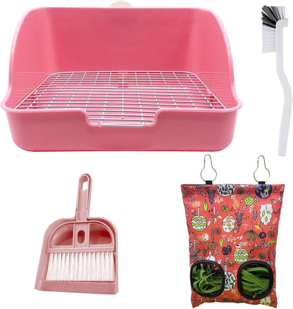 Rabbit Litter Box with Hay Bag, 4-in-1 Rabbit Potty Toilet Feeding Cleaning Set for Dwarf Bunny Guinea Pig Chinchilla (Pink)