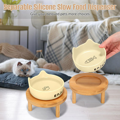 3PCS Elevated Cat Bowls,Wide Raised Ceramic Pet Dishes with Bamboo Stand, Whisker Friendly Pet Water or Food Plates Feeding Station for Indoor Small Dogs, Kitten (Yellow(3PCS))