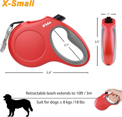 Fida Retractable Dog Leash with Dispenser and Poop Bags, 10 ft Pet Walking Leash for X-Small Dog or Cat up to 18 lbs, Anti-Slip Handle, Tangle Free, Reflective Nylon Tape (XS, Red)