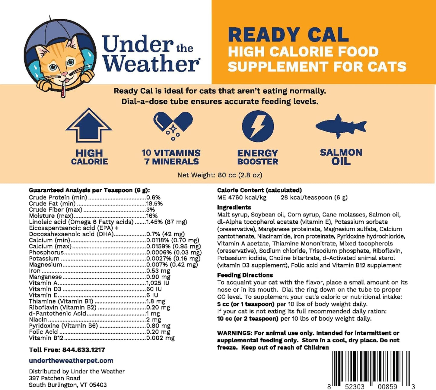 Under The Weather Pet | Ready Cal for Cats 100cc | High Calorie Supplement | Cat Weight Gainer and High Calorie Booster | 10 Vitamins, 7 Minerals & Omega Fatty Acids (2 Pack)