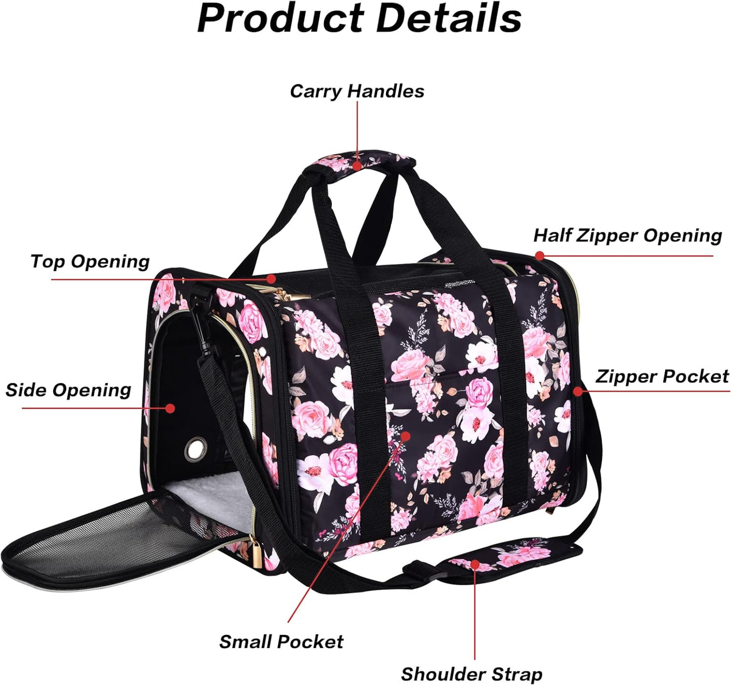Petmolico Cat Carrier Soft-Sided Pet Bag for Small Medium Cats Puppies 16LBs - Airline Approved Pet Travel Carrier 3 Open Doors (Medium,Pink Peony)
