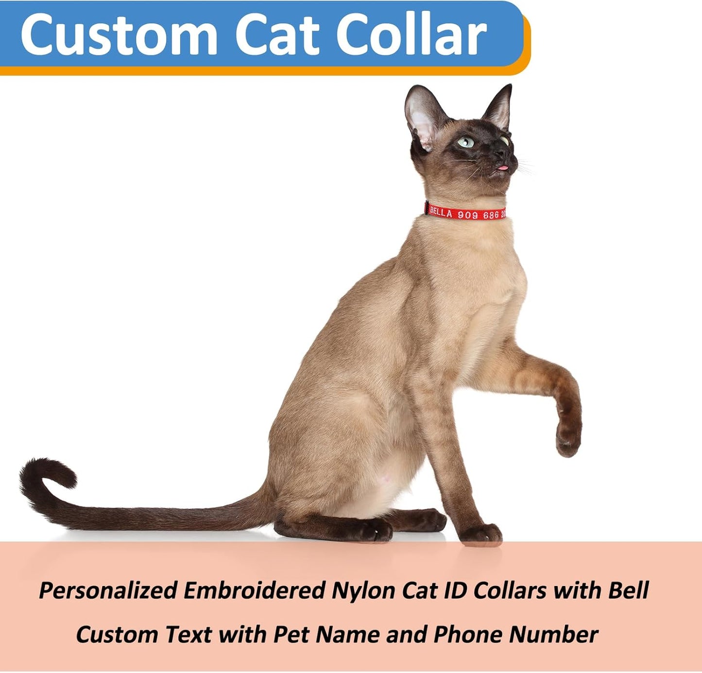 Personalized Cat Collars, Embroidered with Pet Name and Phone Number, Adjustable Nylon Breakaway Safety Release Buckle ID Collar,Custom Text with Bell for Cat or Kitten,Orange