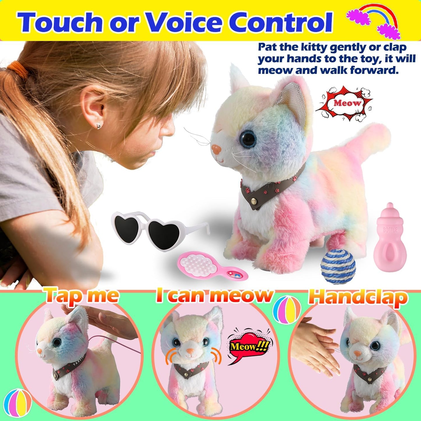 Colorful Walking Cat Set Singing That Purrs and Meows Animated Plush Robot Kitten with Leash Moving Plush Stuffed Animal Remote Control Cute Kawai Robotic Kitty Electronic Kitten Toy for Girl Kid