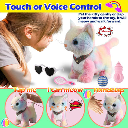 Colorful Walking Cat Set Singing That Purrs and Meows Animated Plush Robot Kitten with Leash Moving Plush Stuffed Animal Remote Control Cute Kawai Robotic Kitty Electronic Kitten Toy for Girl Kid