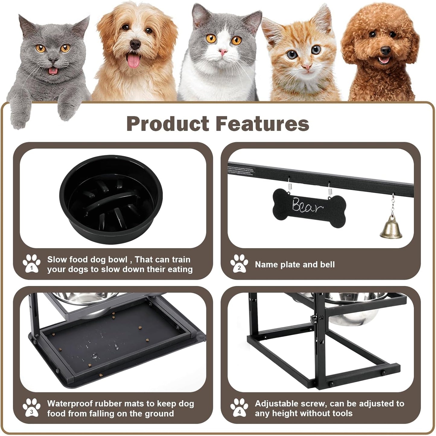 Elevated Dog Bowls with Slow Feeder for Large Dogs – Adjustable Raised Stand with 2 Stainless Steel Bowls & Spill-Proof Mat, Non-Slip Dog Feeder for Large & Medium Dogs (Black)